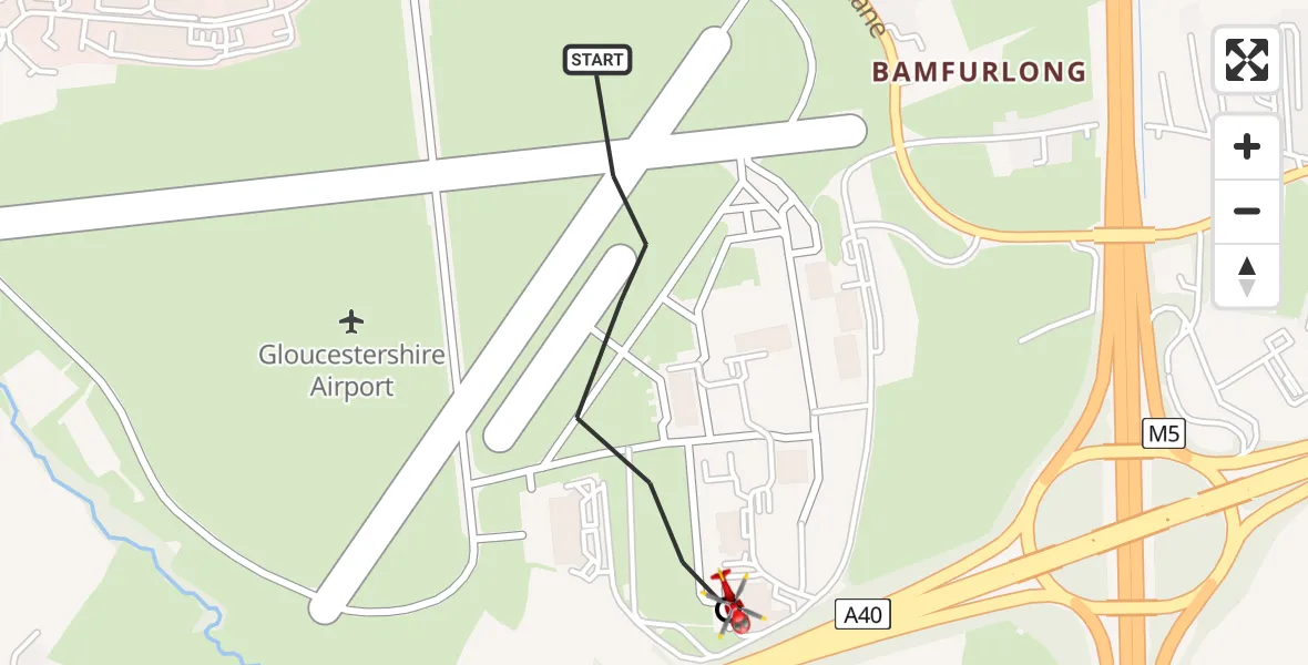Flight route Air Ambulance Helicopter Gloucestershire Airport - Tewkesbury, 09 July 2026, 10:53