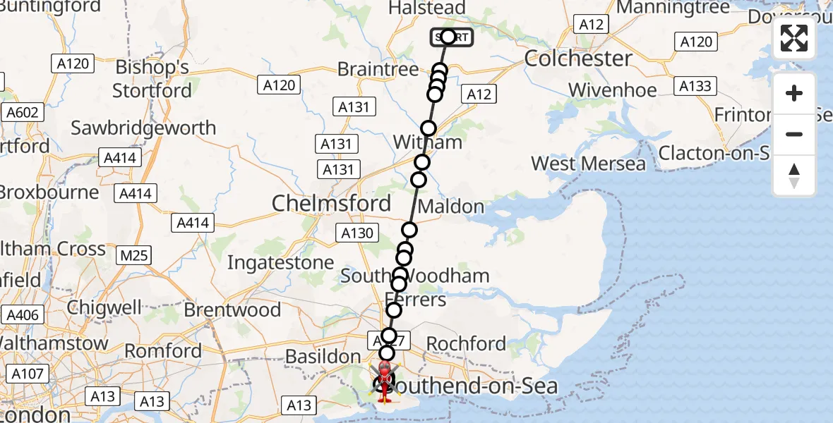 Flight route Air Ambulance Helicopter Earls Colne Airfield - Winter Gardens, 09 July 2026, 10:59