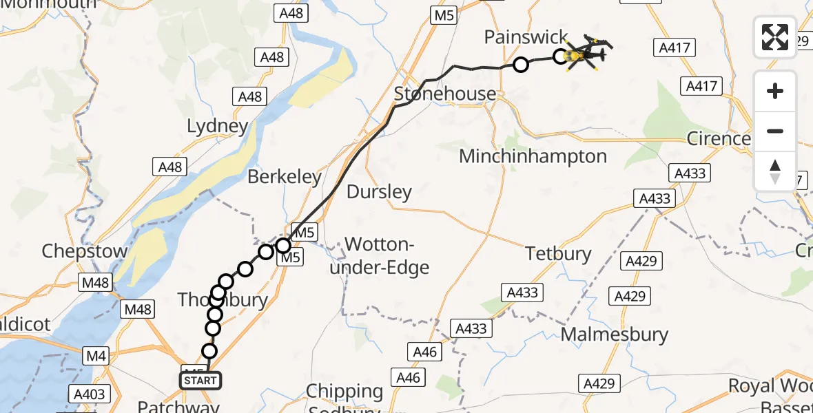 Flight route Police Helicopter Hortham - Stroud, 09 July 2026, 11:07