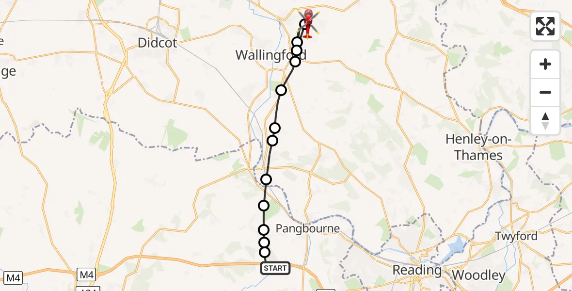 Flight route Air Ambulance Helicopter Bradfield - RAF Benson, 09 July 2026, 11:11