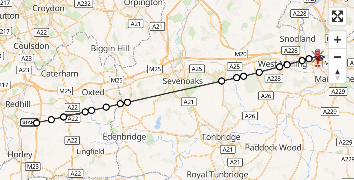 Flight route Air Ambulance Helicopter Redhill Aerodrome - Aylesford, 09 July 2026, 11:18