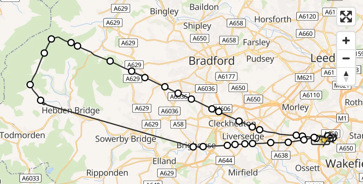 Flight route Police Helicopter East Ardsley - East Ardsley, 09 July 2026, 11:18