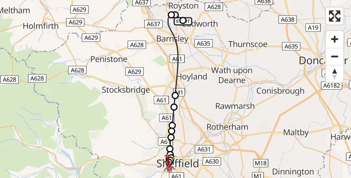 Flight route Air Ambulance Helicopter Barnsley - Sheffield Childrens Hospital, 09 July 2026, 11:19