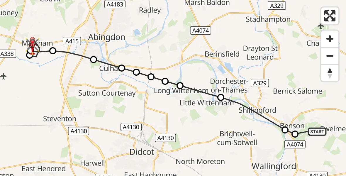 Flight route Air Ambulance Helicopter RAF Benson - Marcham, 09 July 2026, 11:27