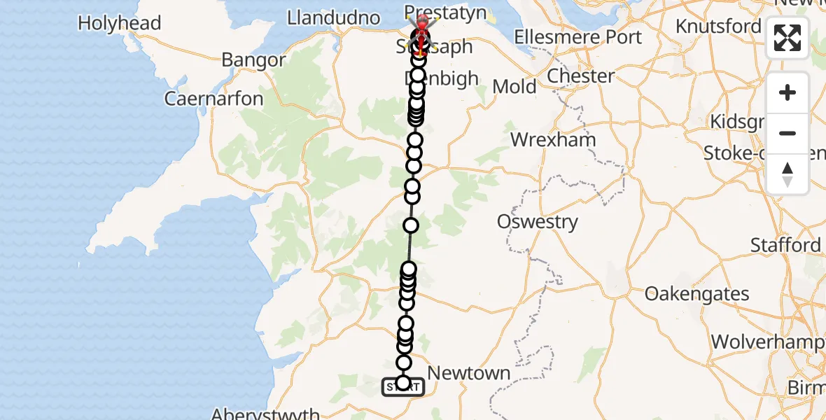 Flight route Air Ambulance Helicopter Y Fan - Bodelwyddan, 09 July 2026, 11:30
