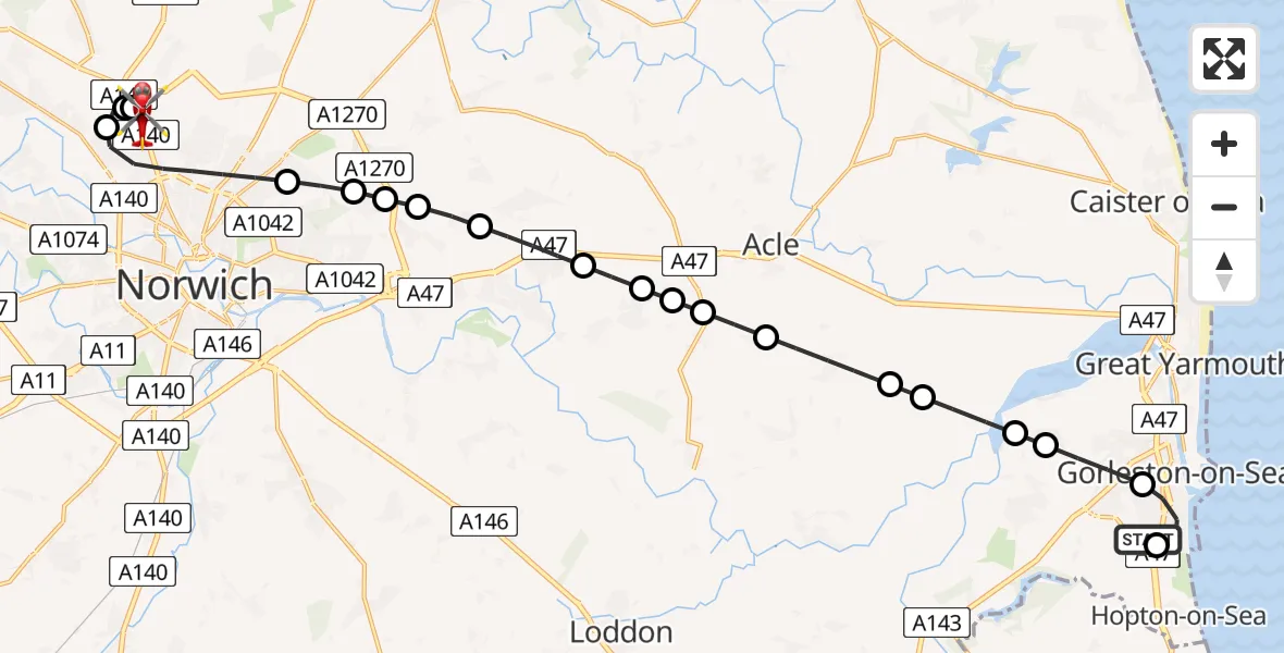 Flight route Air Ambulance Helicopter James Paget Hospital - Norwich Airport, 09 July 2026, 11:34