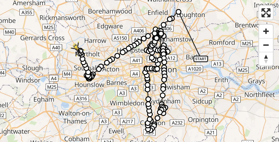 Flight route Police Helicopter Barking - Hillingdon, 09 July 2026, 11:37