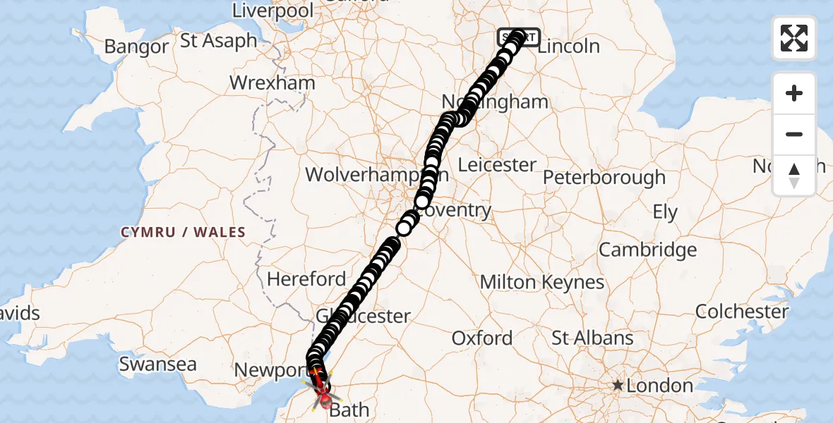 Flight route Air Ambulance Helicopter Retford Gamston Airport - Bristol, 09 July 2026, 11:39