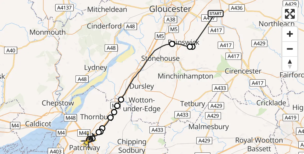 Flight route Police Helicopter Cotswold - Almondsbury Helicopter Base, 09 July 2026, 11:54