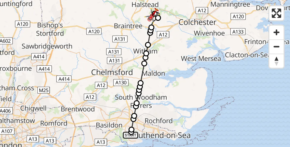 Flight route Air Ambulance Helicopter Winter Gardens - Earls Colne Airfield, 09 July 2026, 11:59