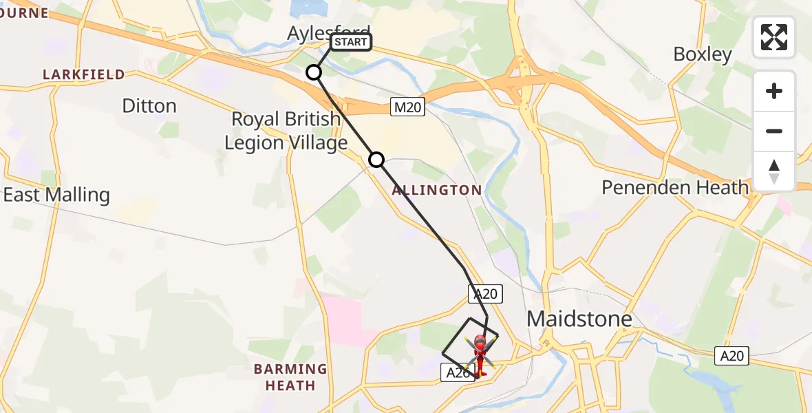 Flight route Air Ambulance Helicopter Aylesford - Maidstone, 09 July 2026, 12:10