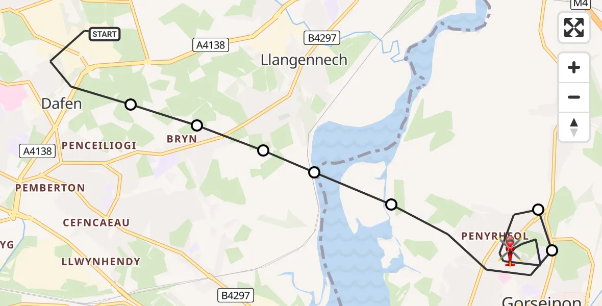 Flight route Air Ambulance Helicopter Dafen - Gorseinon, 09 July 2026, 12:10