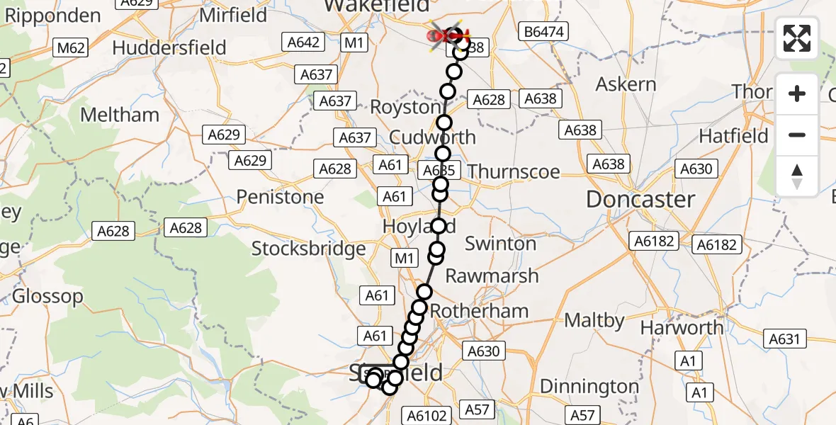 Flight route Air Ambulance Helicopter Sheffield Childrens Hospital - YAA Nostell Helicopter Port, 09 July 2026, 12:20