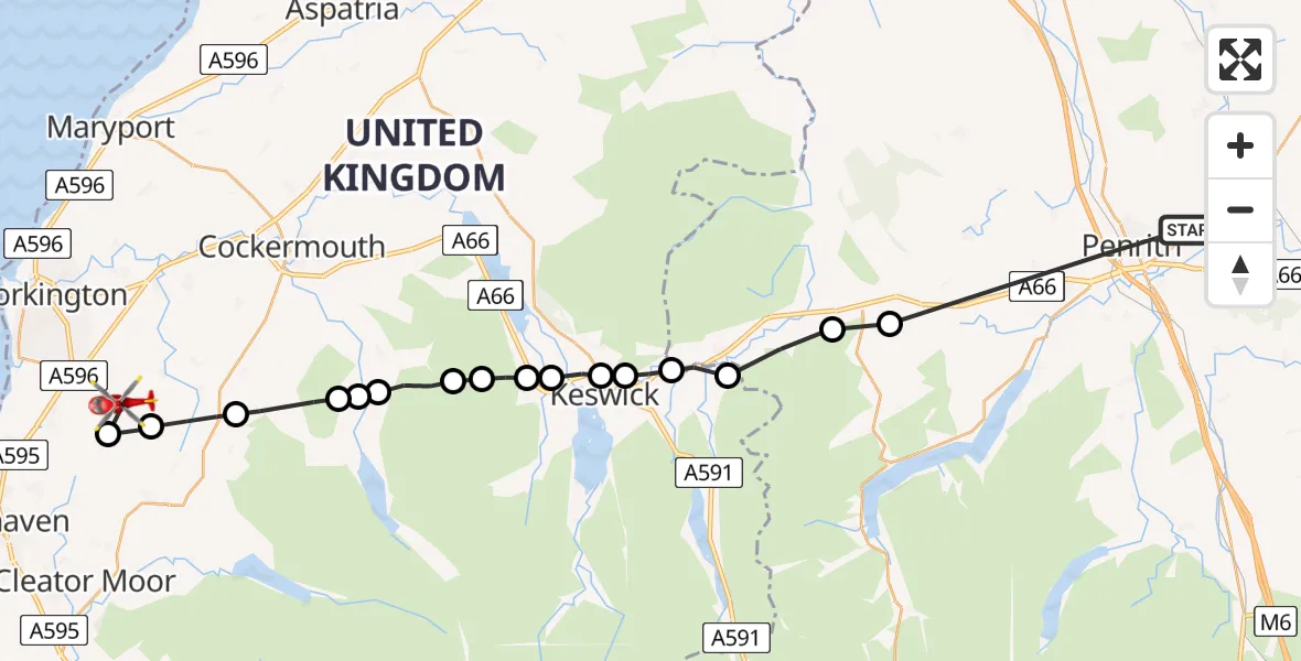 Flight route Air Ambulance Helicopter Penrith - Branthwaite, 09 July 2026, 12:23