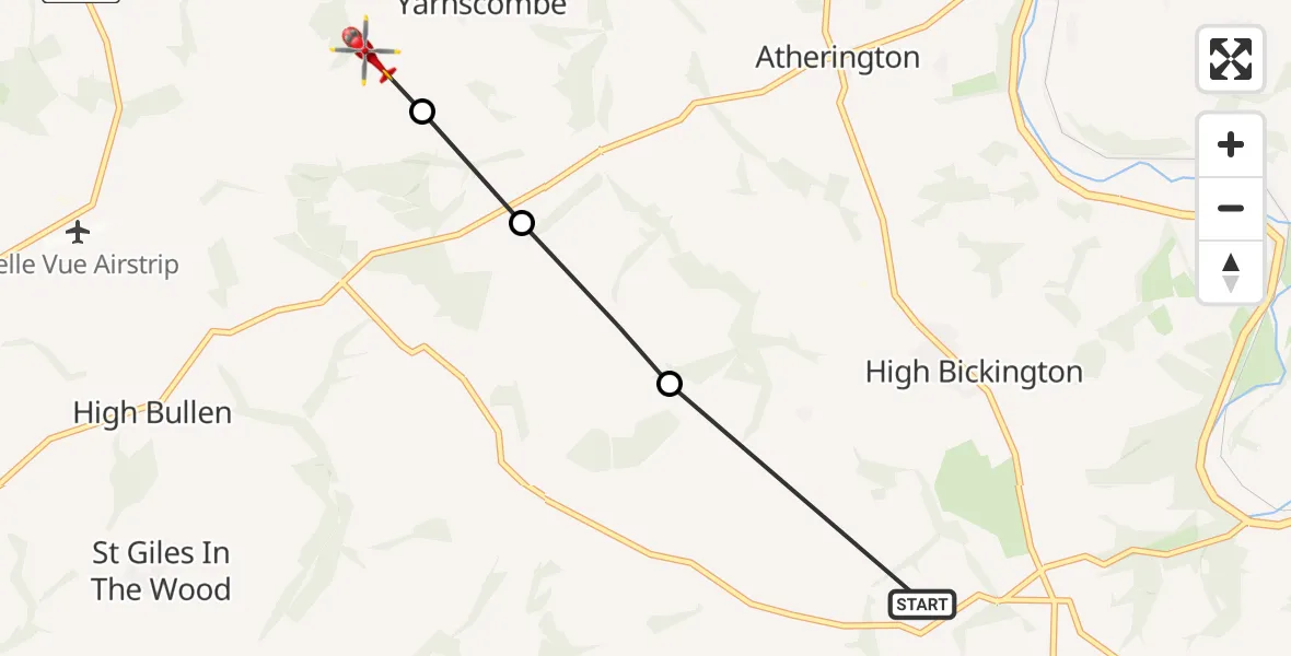 Flight route Air Ambulance Helicopter Roborough - Yarnscombe, 09 July 2026, 12:31