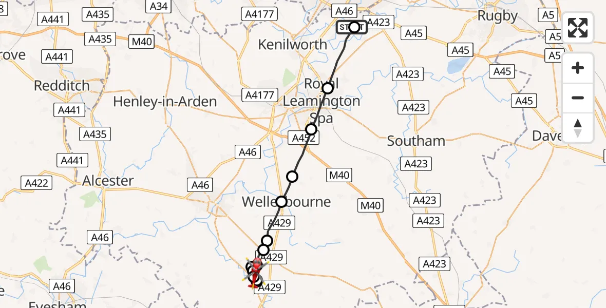 Flight route Air Ambulance Helicopter Coventry Airport - Alderminster CP, 09 July 2026, 12:38