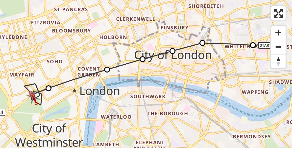 Flight route Air Ambulance Helicopter Royal London Hospital - City of Westminster, 09 July 2026, 12:52