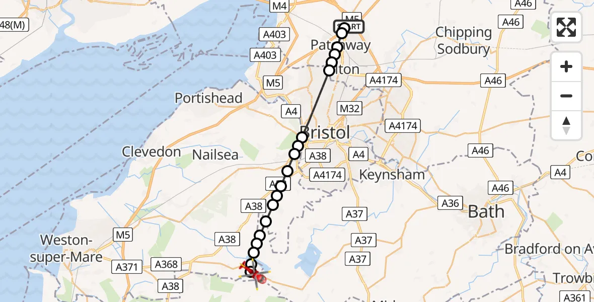 Flight route Air Ambulance Helicopter Almondsbury Helicopter Base - Blagdon, 09 July 2026, 12:55