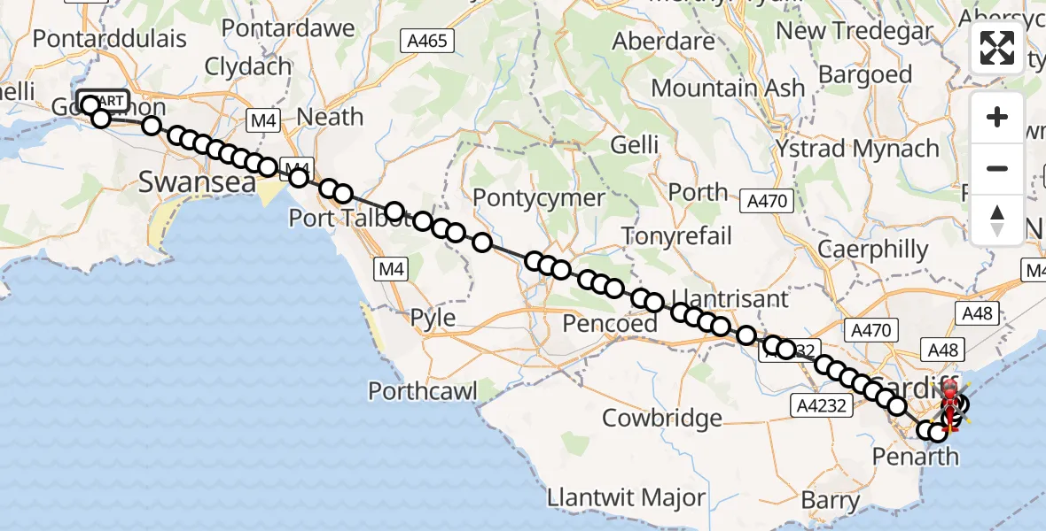 Flight route Air Ambulance Helicopter Gorseinon - Cardiff Heliport, 09 July 2026, 12:55
