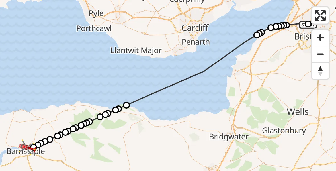 Flight route Air Ambulance Helicopter Southmead Hospital - North Devon Hospital, 09 July 2026, 12:56