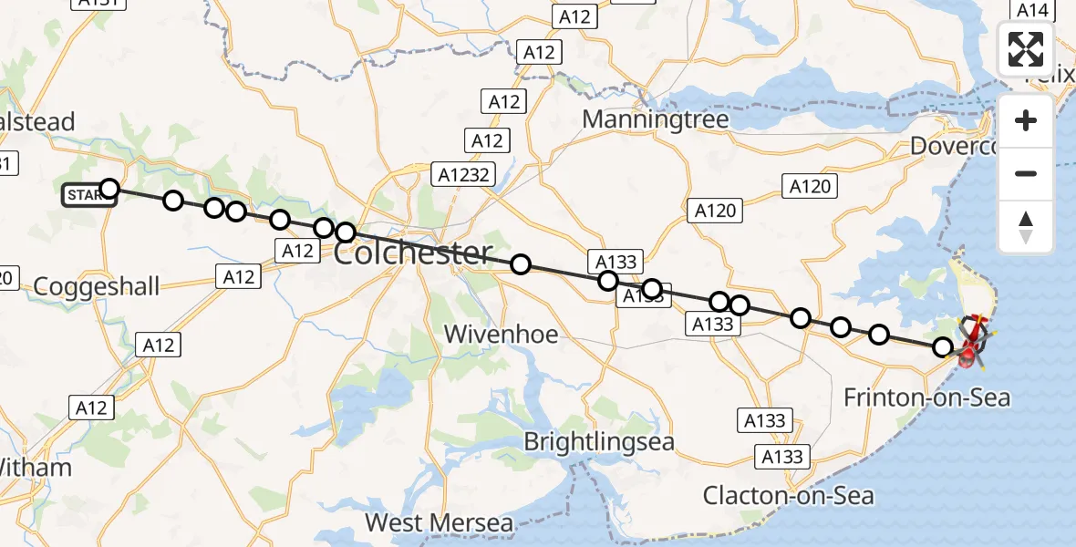 Flight route Air Ambulance Helicopter Earls Colne Airfield - Walton-on-the-Naze, 09 July 2026, 13:00
