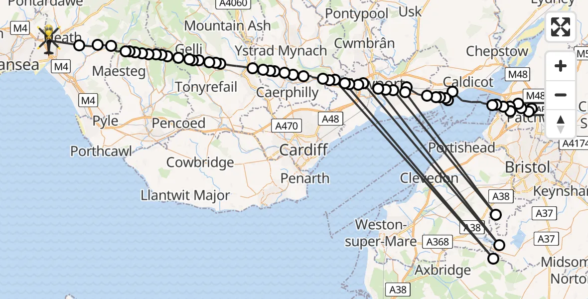 Flight route Police Helicopter Almondsbury - Skewen, 09 July 2026, 13:00