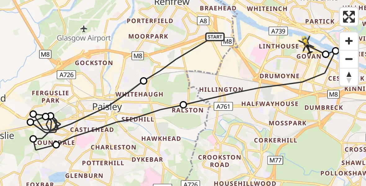 Flight route Police Helicopter Renfrew - Glasgow, 09 July 2026, 13:01