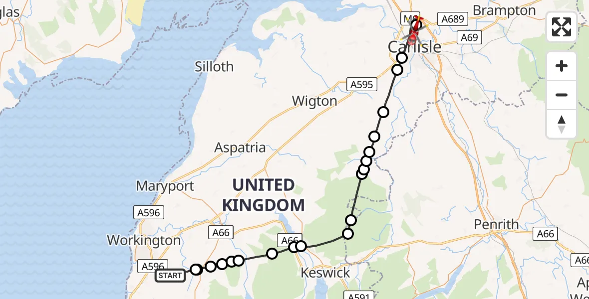 Flight route Air Ambulance Helicopter Branthwaite - Houghton, 09 July 2026, 13:10