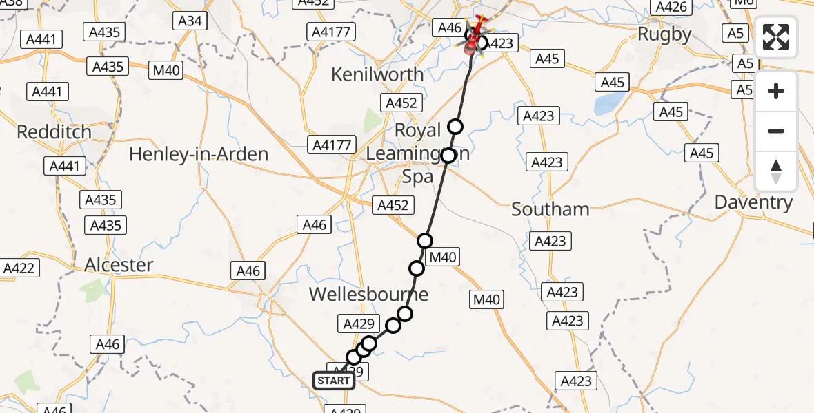 Flight route Air Ambulance Helicopter Ettington CP - Coventry Airport, 09 July 2026, 13:13