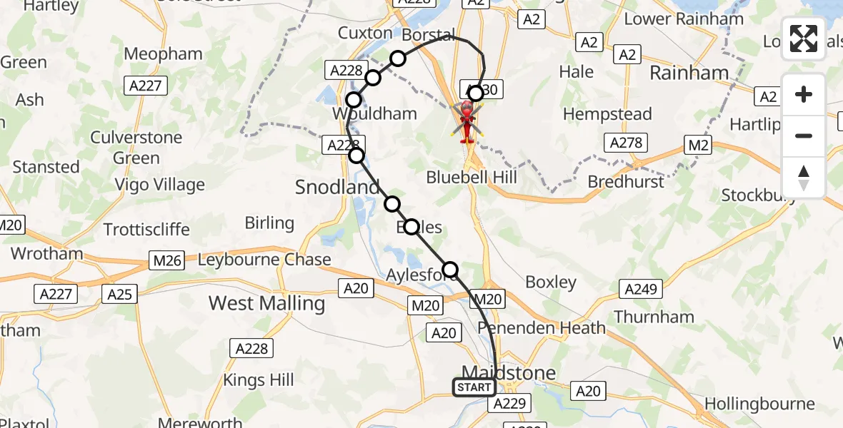 Flight route Air Ambulance Helicopter Maidstone - Rochester Airport, 09 July 2026, 13:15
