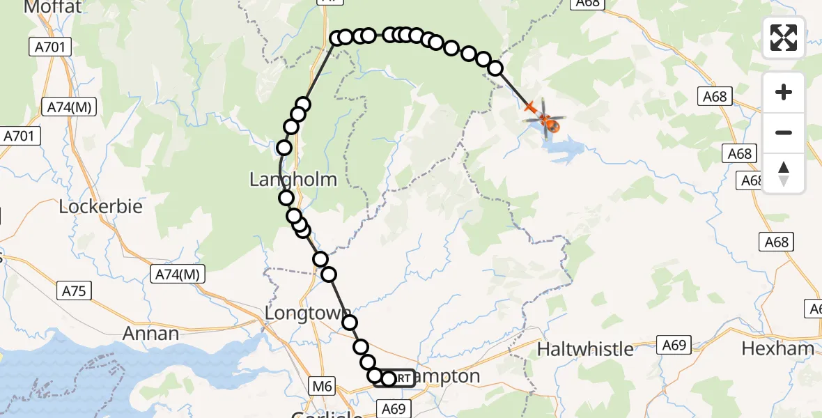 Flight route Coastguard Helicopter Carlisle Lake District Airport - Kielder, 09 July 2026, 13:16