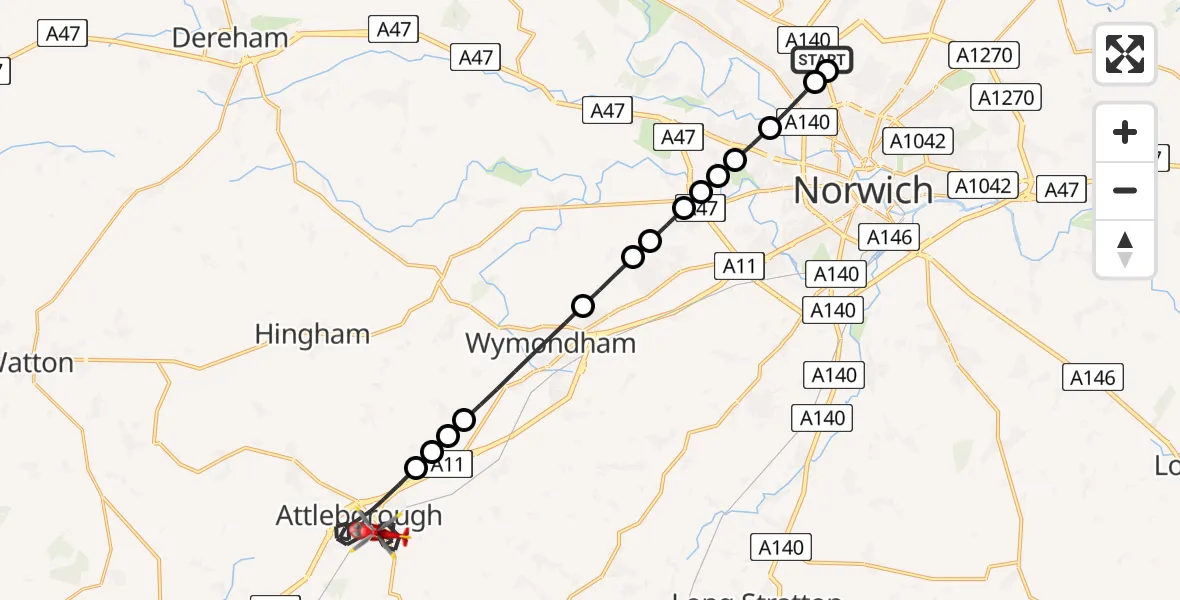 Flight route Air Ambulance Helicopter Norwich Airport - Attleborough, 09 July 2026, 13:18