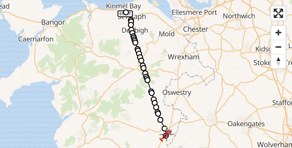 Flight route Air Ambulance Helicopter Ysbyty Glan Clywd Hospital Heliport - Welshpool Airport, 09 July 2026, 13:24