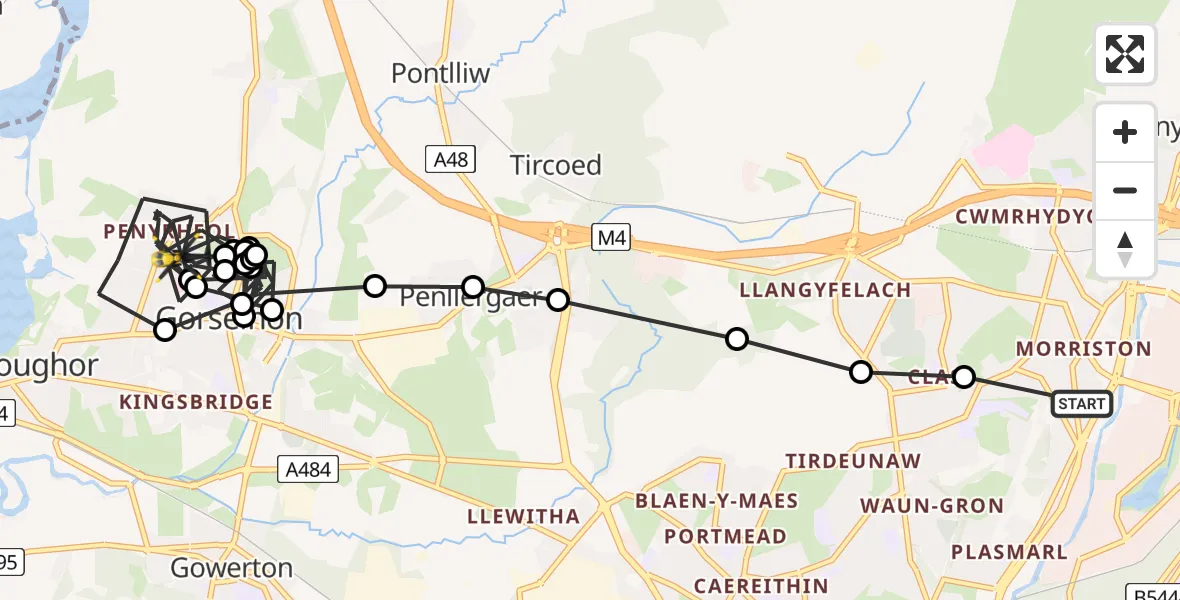 Flight route Police Helicopter Morriston - Gorseinon, 09 July 2026, 13:25