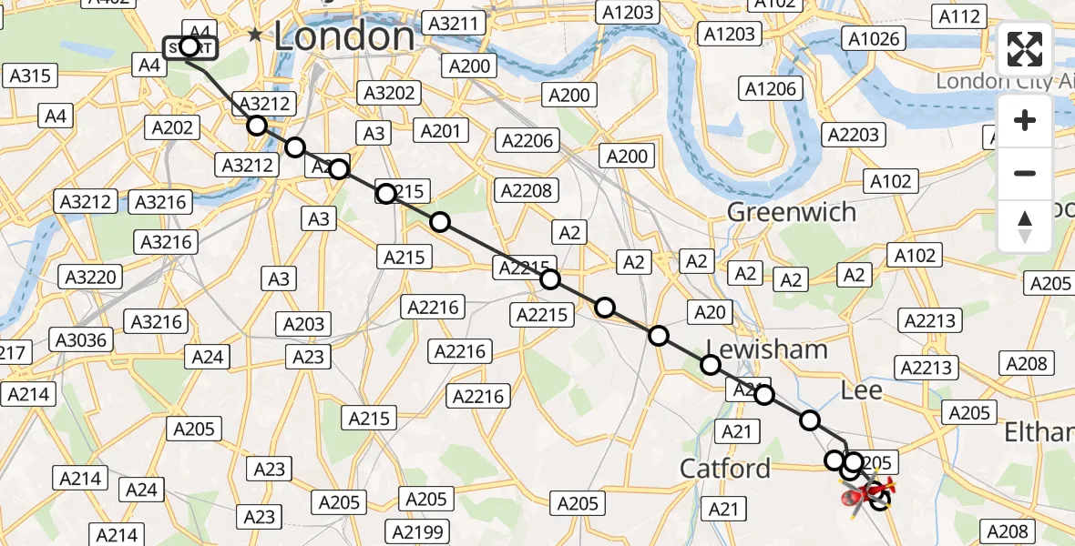 Flight route Air Ambulance Helicopter City of Westminster - Catford South, 09 July 2026, 13:26