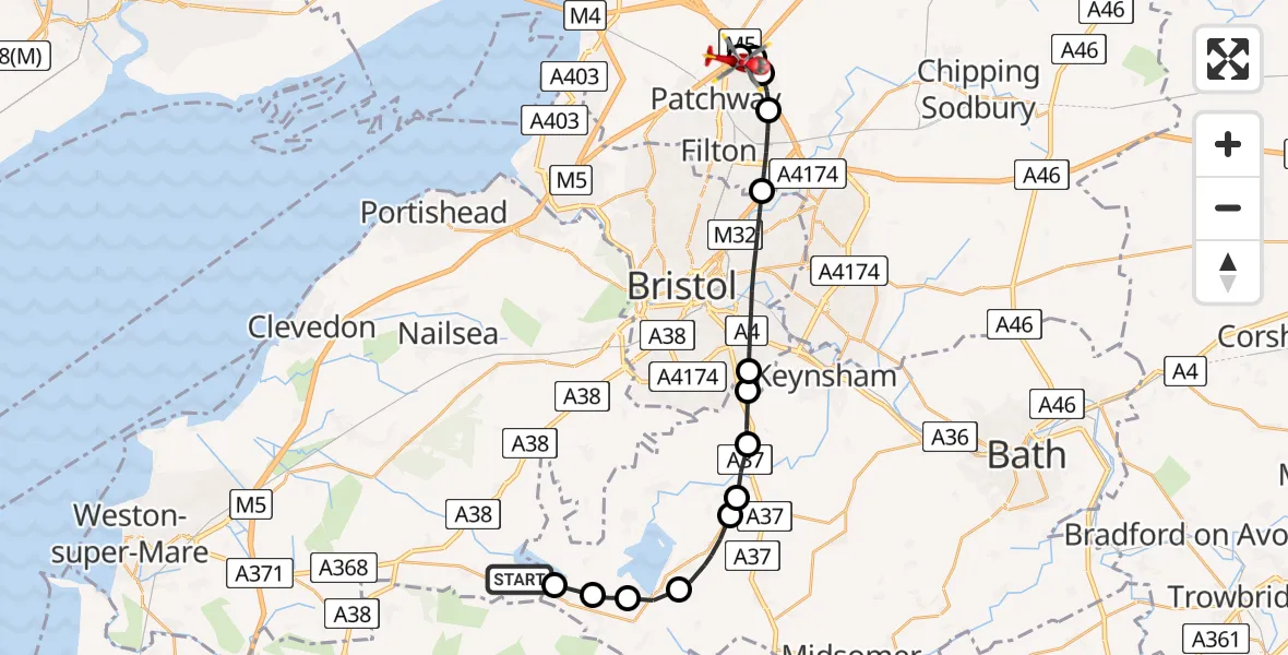 Flight route Air Ambulance Helicopter Blagdon - Almondsbury Helicopter Base, 09 July 2026, 13:27