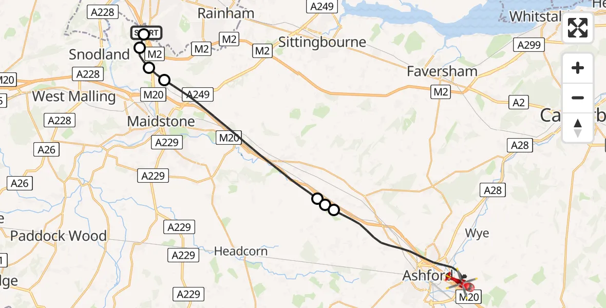 Flight route Air Ambulance Helicopter Rochester Airport - Ashford, 09 July 2026, 13:28