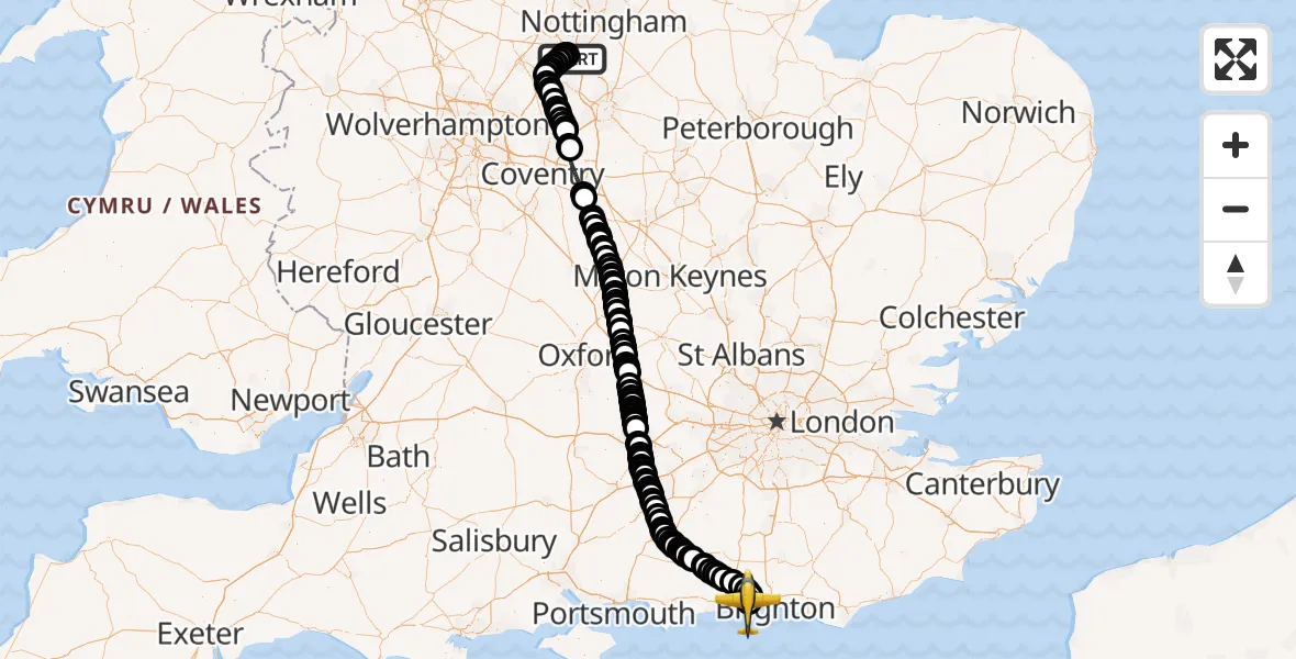 Flight route Police Aircraft East Midlands Airport - Brighton City Airport, 09 July 2026, 13:30