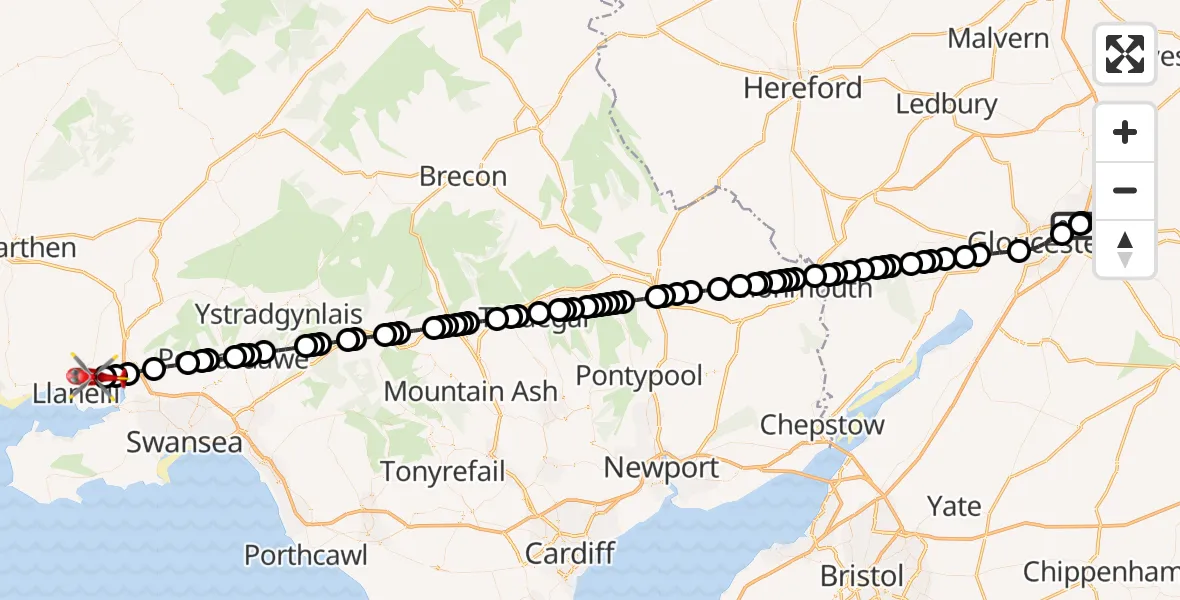 Flight route Air Ambulance Helicopter Gloucestershire Airport - Dafen, 09 July 2026, 13:38
