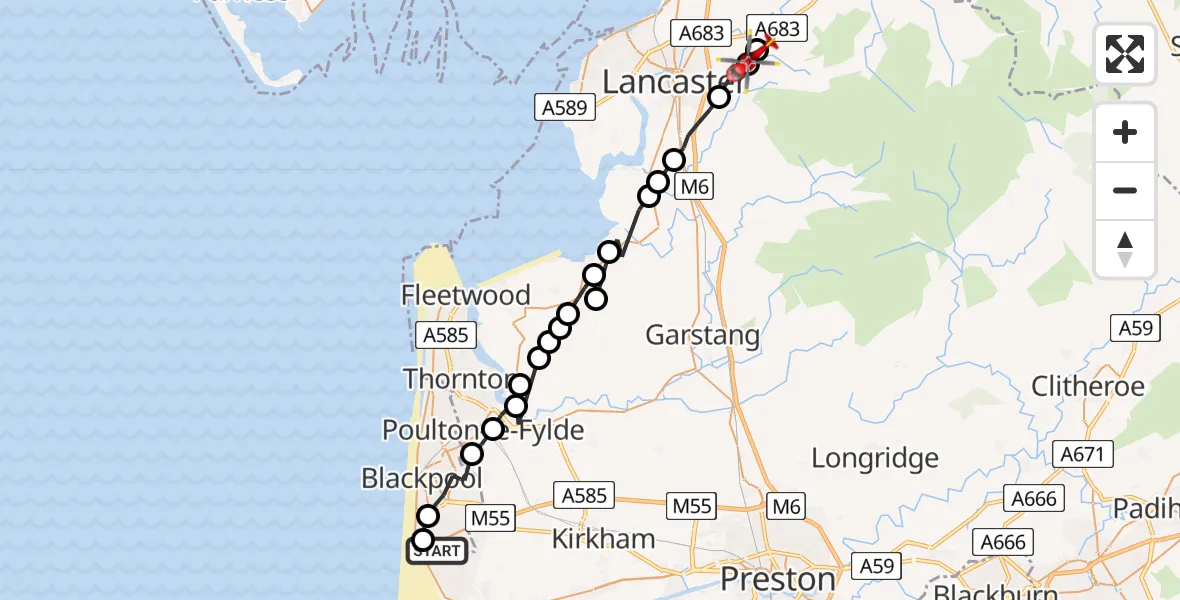 Flight route Air Ambulance Helicopter Blackpool Airport - Quernmore, 09 July 2026, 13:41