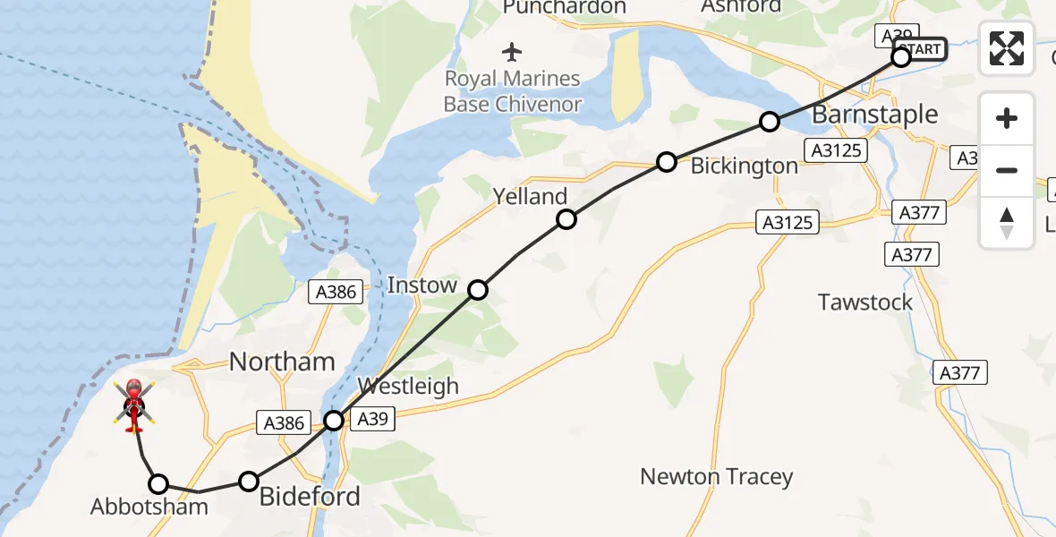 Flight route Air Ambulance Helicopter North Devon Hospital - Lake Heliport Abbotsham, 09 July 2026, 13:44