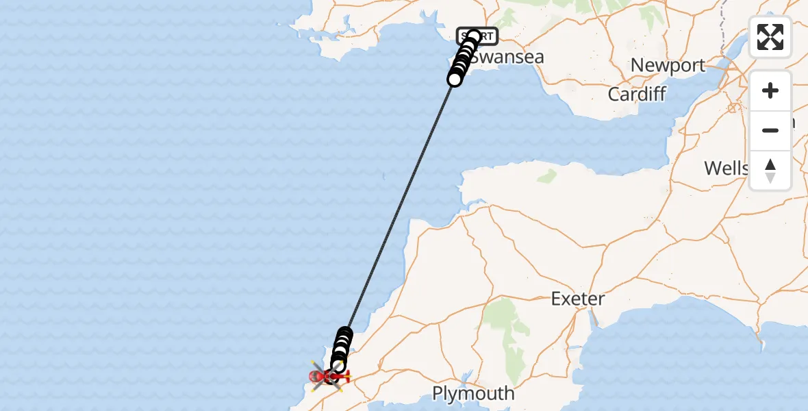 Flight route Air Ambulance Helicopter Dafen - Cornwall Airport Newquay, 09 July 2026, 13:57