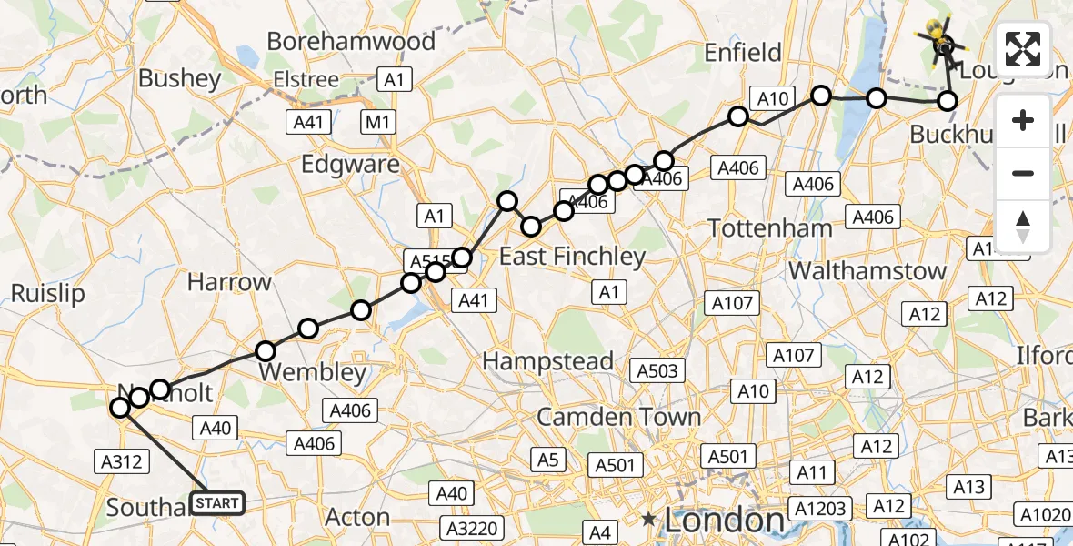 Flight route Police Helicopter Hanwell - Metropolitan Police Air Support Unit Lippitts Hill, 09 July 2026, 13:59