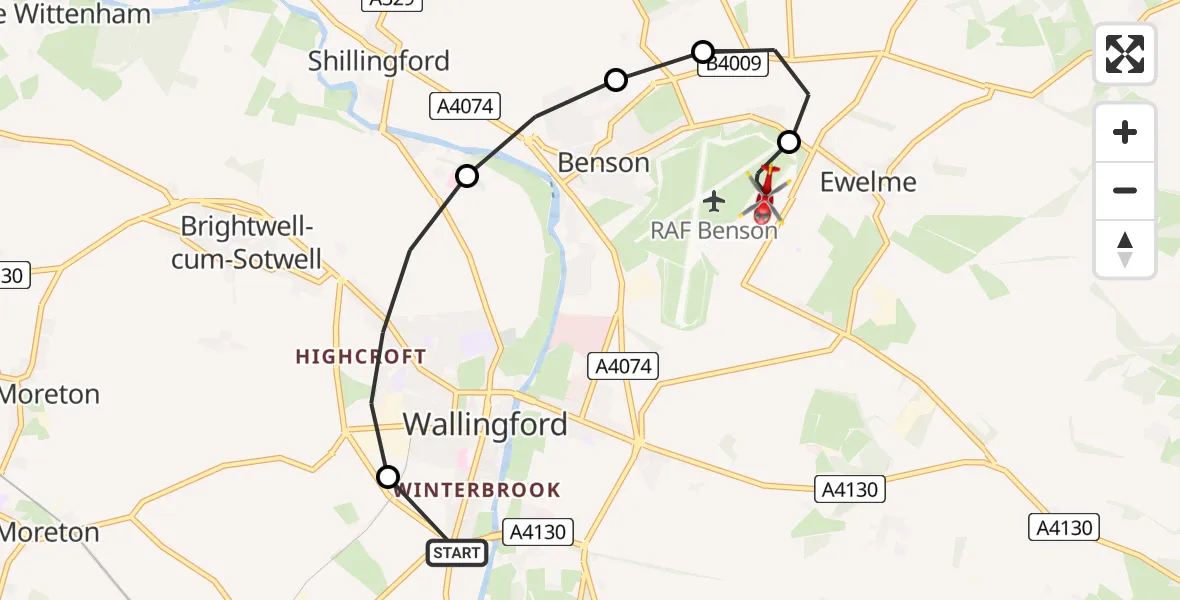 Flight route Air Ambulance Helicopter Cholsey - RAF Benson, 09 July 2026, 14:02