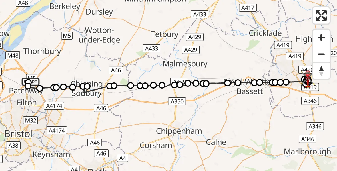 Flight route Air Ambulance Helicopter Almondsbury Helicopter Base - Dorcan, 09 July 2026, 14:03