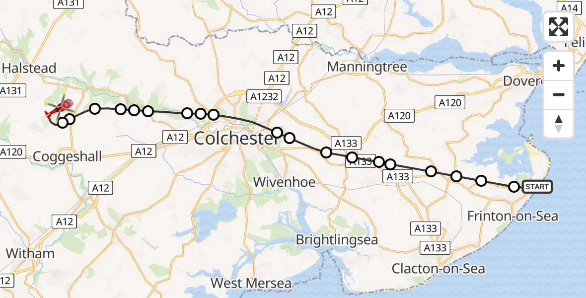 Flight route Air Ambulance Helicopter Walton-on-the-Naze - Braintree, 09 July 2026, 14:05