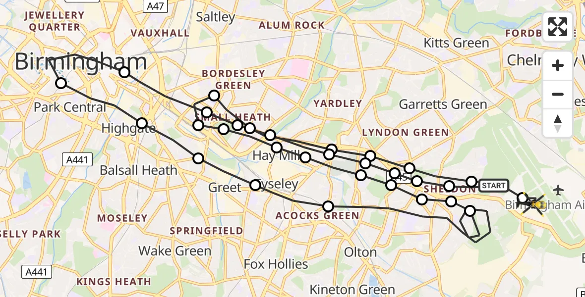 Flight route Police Helicopter Birmingham Airport - Solihull, 09 July 2026, 14:17