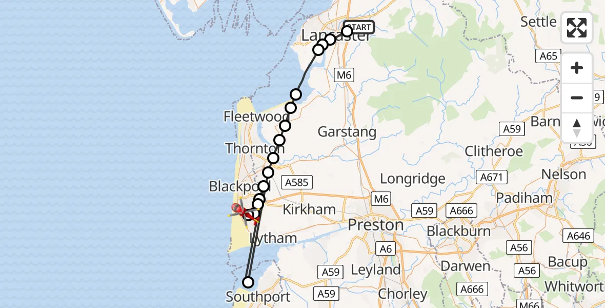 Flight route Air Ambulance Helicopter Quernmore - Blackpool Airport, 09 July 2026, 14:29