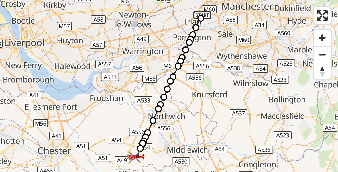 Flight route Air Ambulance Helicopter Irlam - Little Budworth, 09 July 2026, 14:31