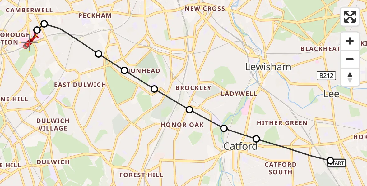 Flight route Air Ambulance Helicopter Catford South - Kings College London Hospital, 09 July 2026, 14:31